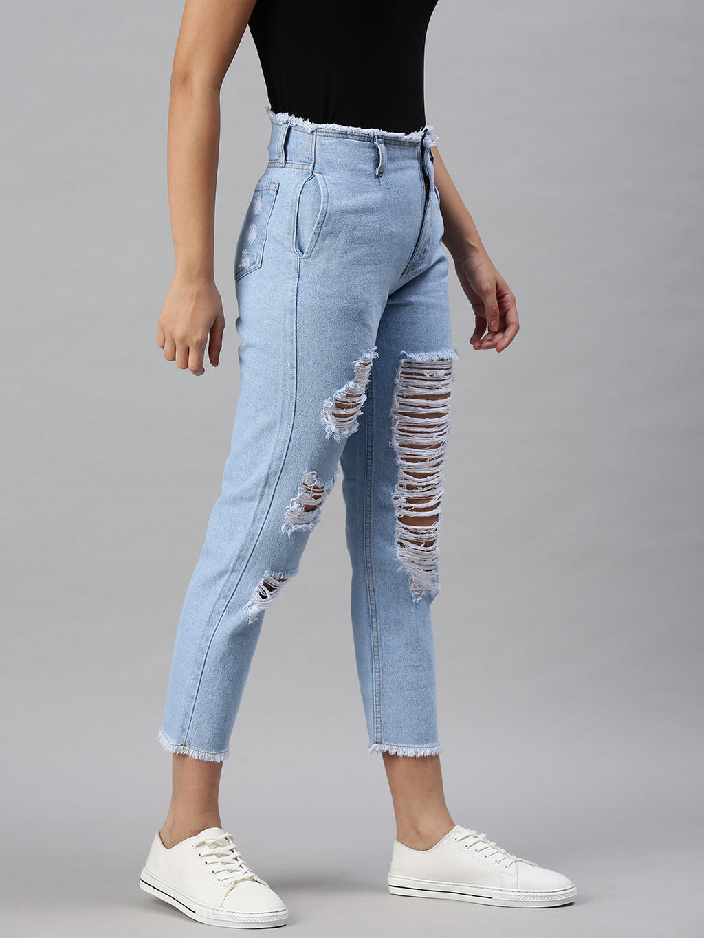 Women's Blue Mom Fit High-Rise Highly Distressed Light Fade Mom Fit Jeans