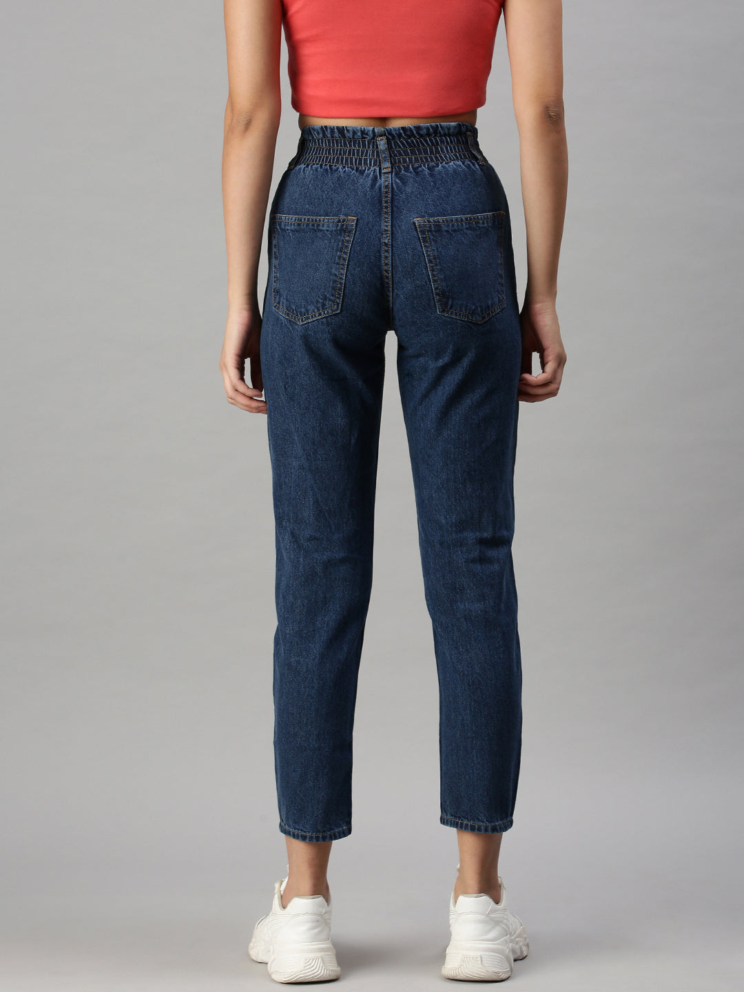 Women's Navy Blue High-Rise Cotton Mildly Distressed Jeans