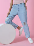 Women's Blue High-Rise Mildly Distressed Elasticated Cotton Jeans