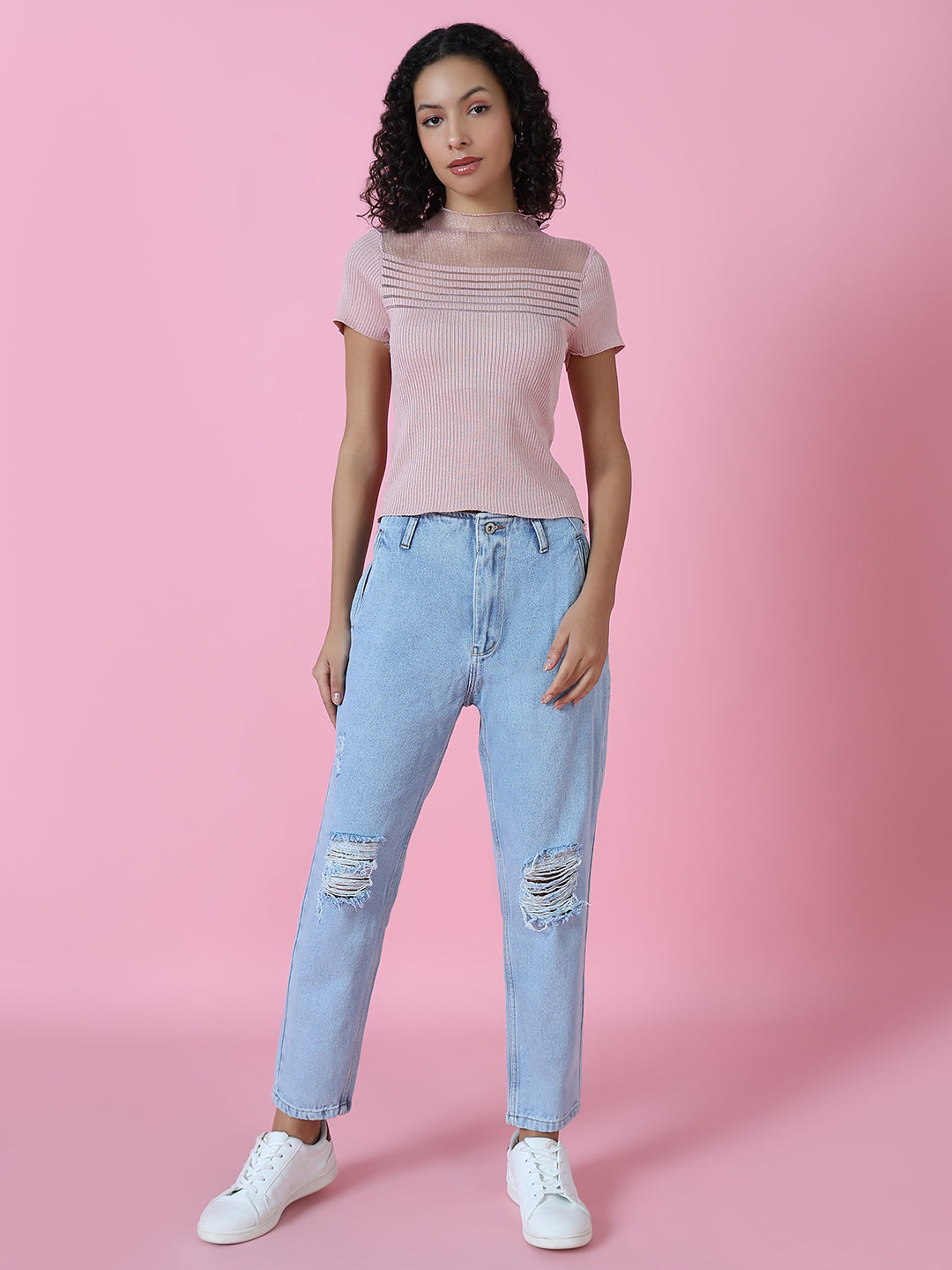 Women's Blue High-Rise Mildly Distressed Elasticated Cotton Jeans