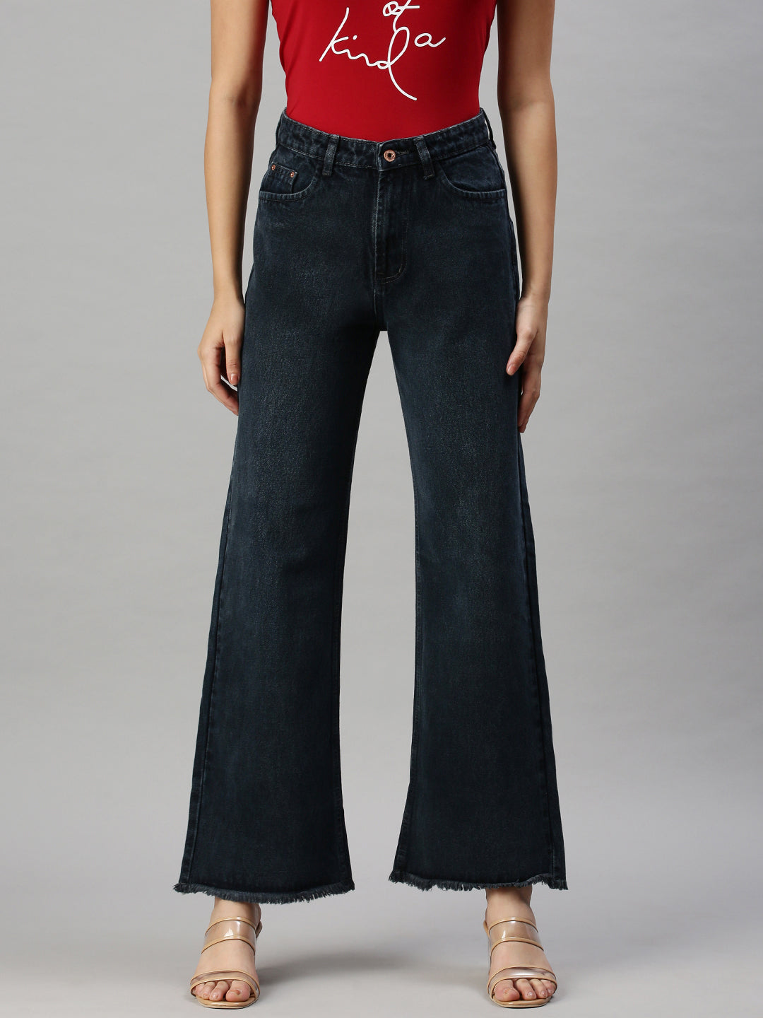Women's Grey Wide Leg High-Rise Light Fade Clean Look Cotton Jeans