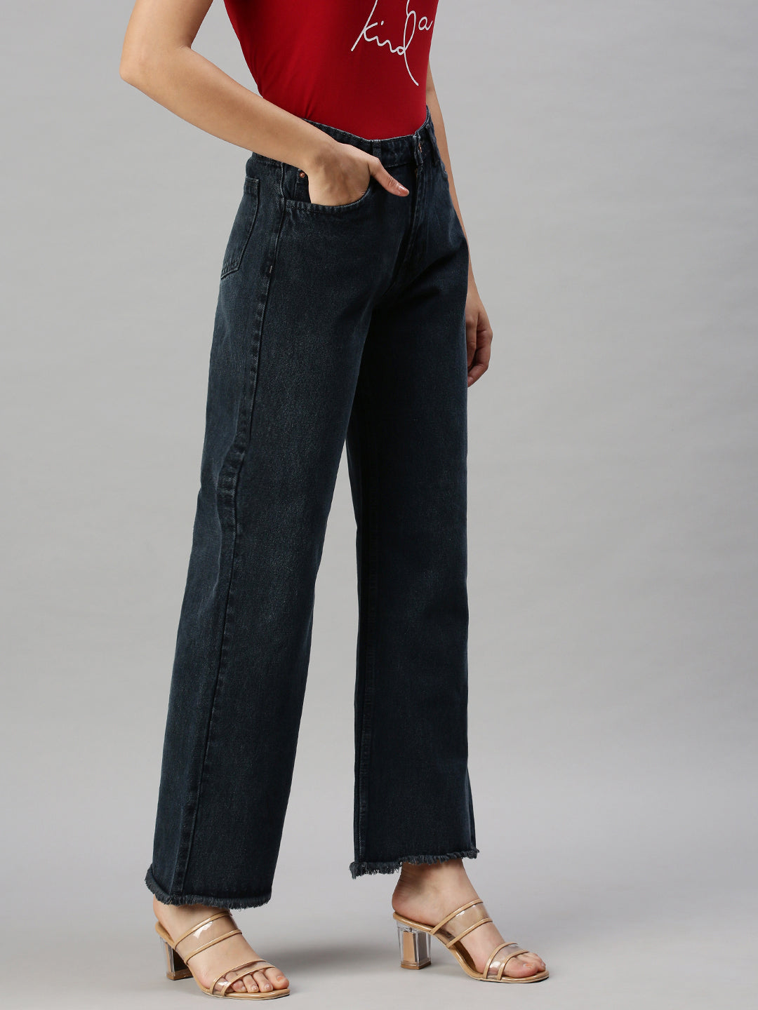 Women's Grey Wide Leg High-Rise Light Fade Clean Look Cotton Jeans