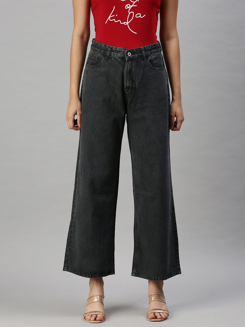 Women's Dark Grey Wide Leg High-Rise Clean Look Jeans