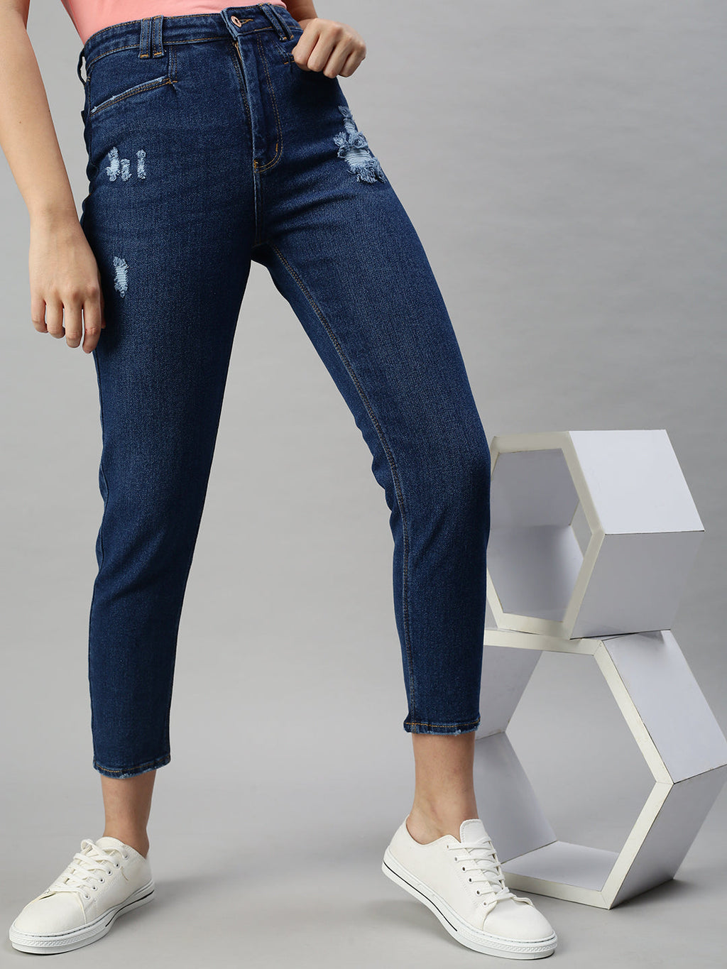 Women's Navy Blue Mom Fit High-Rise Mildly Distressed Stretchable Jeans