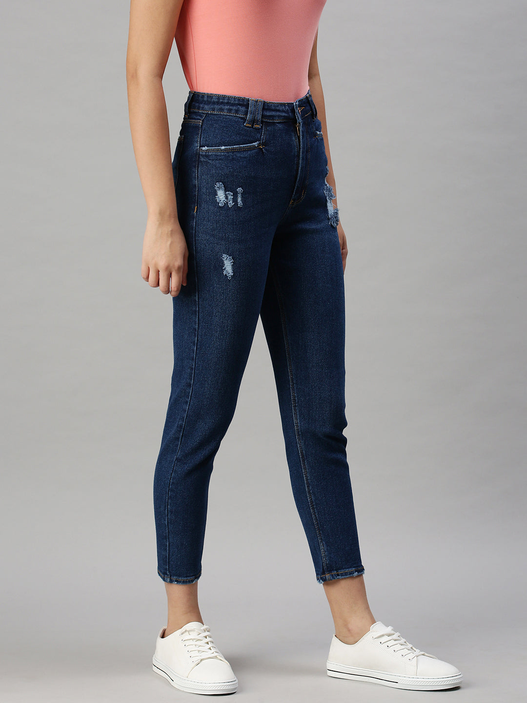 Women's Navy Blue Mom Fit High-Rise Mildly Distressed Stretchable Jeans