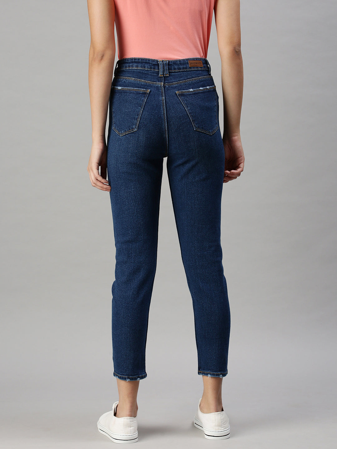 Women's Navy Blue Mom Fit High-Rise Mildly Distressed Stretchable Jeans