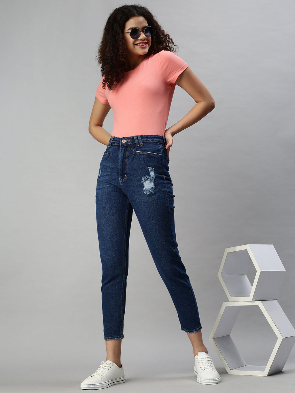 Women's Navy Blue Mom Fit High-Rise Mildly Distressed Stretchable Jeans