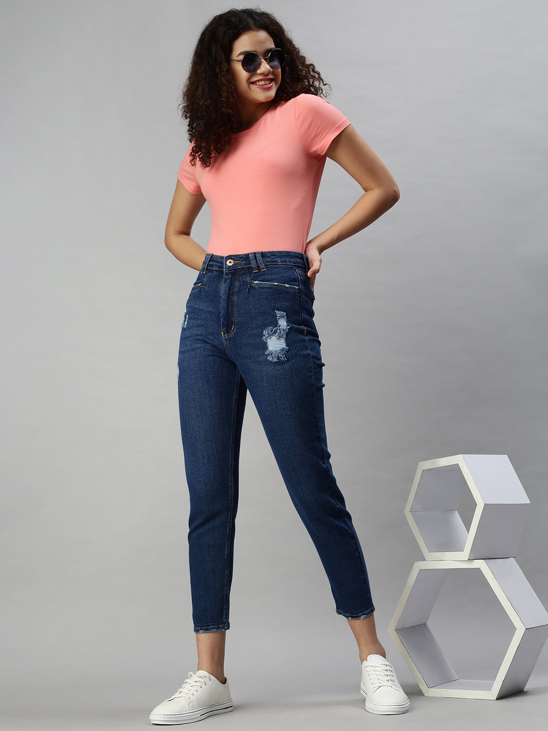 Women's Navy Blue Mom Fit High-Rise Mildly Distressed Stretchable Jeans