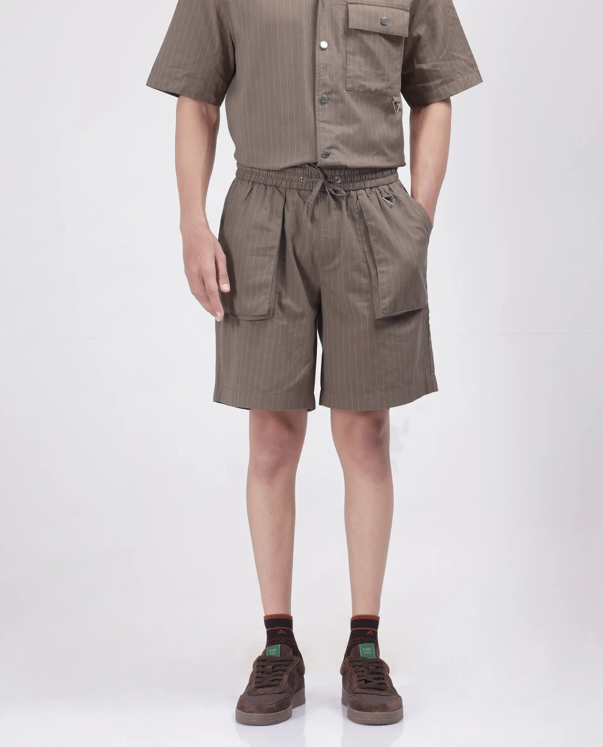 Rare Rabbit Men's Habar Beige Cotton Blend Striped Print Oversized Fit Shorts
