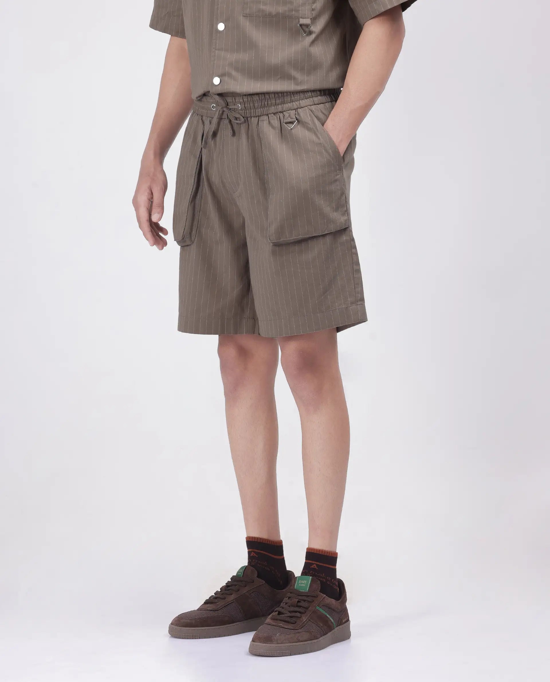 Rare Rabbit Men's Habar Beige Cotton Blend Striped Print Oversized Fit Shorts