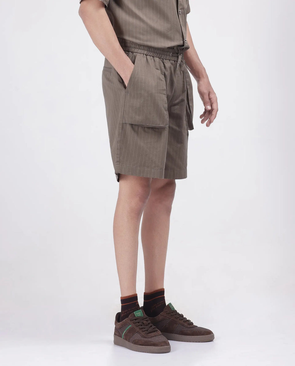 Rare Rabbit Men's Habar Beige Cotton Blend Striped Print Oversized Fit Shorts