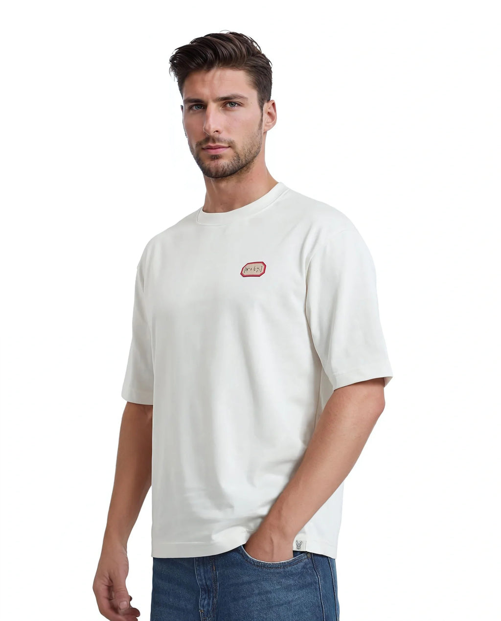 Rare Rabbit Men's Hirm Off White Cotton Graphic Print Qlo Fit Half Sleeve Crew Neck T-Shirt