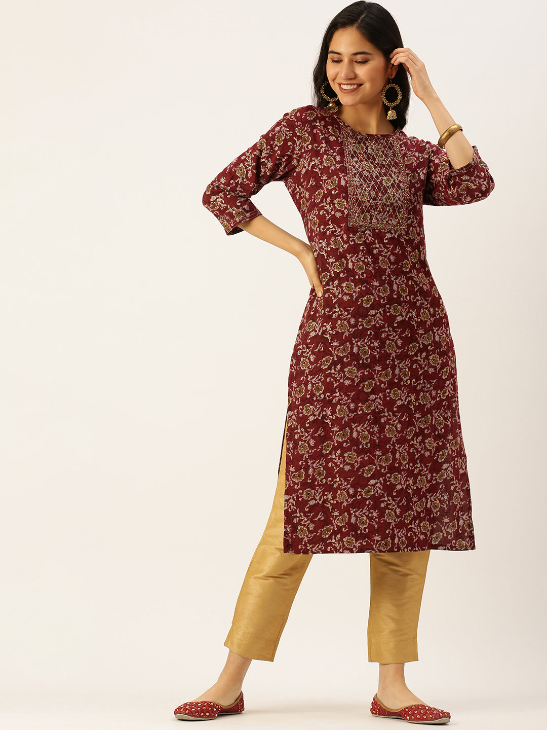 Women's Printed Maroon Straight Kurta