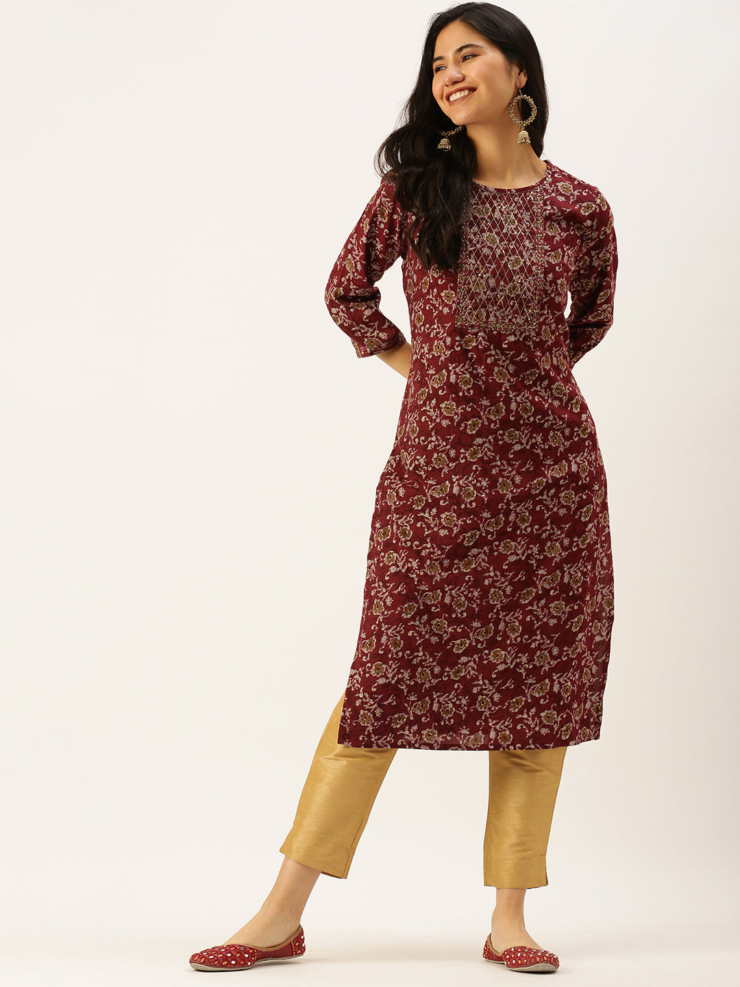 Women's Printed Maroon Straight Kurta