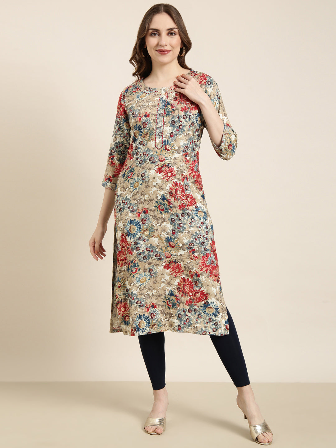 Women's Straight Beige Floral Kurta