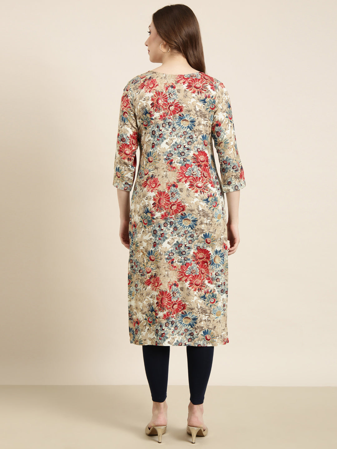 Women's Straight Beige Floral Kurta