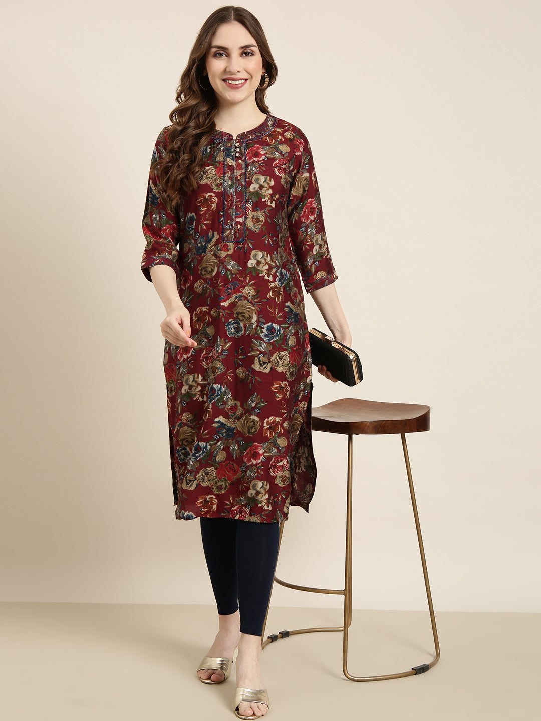 Women's Straight Maroon Floral Kurta