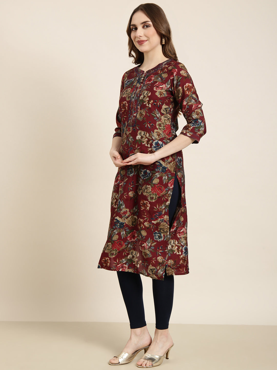 Women's Straight Maroon Floral Kurta
