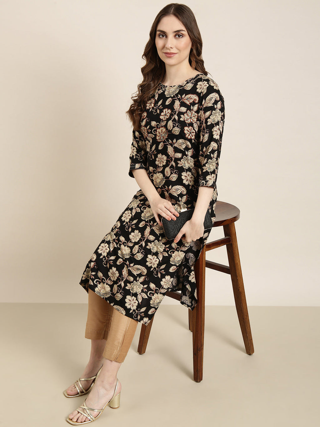 Women's Straight Black Floral Kurta