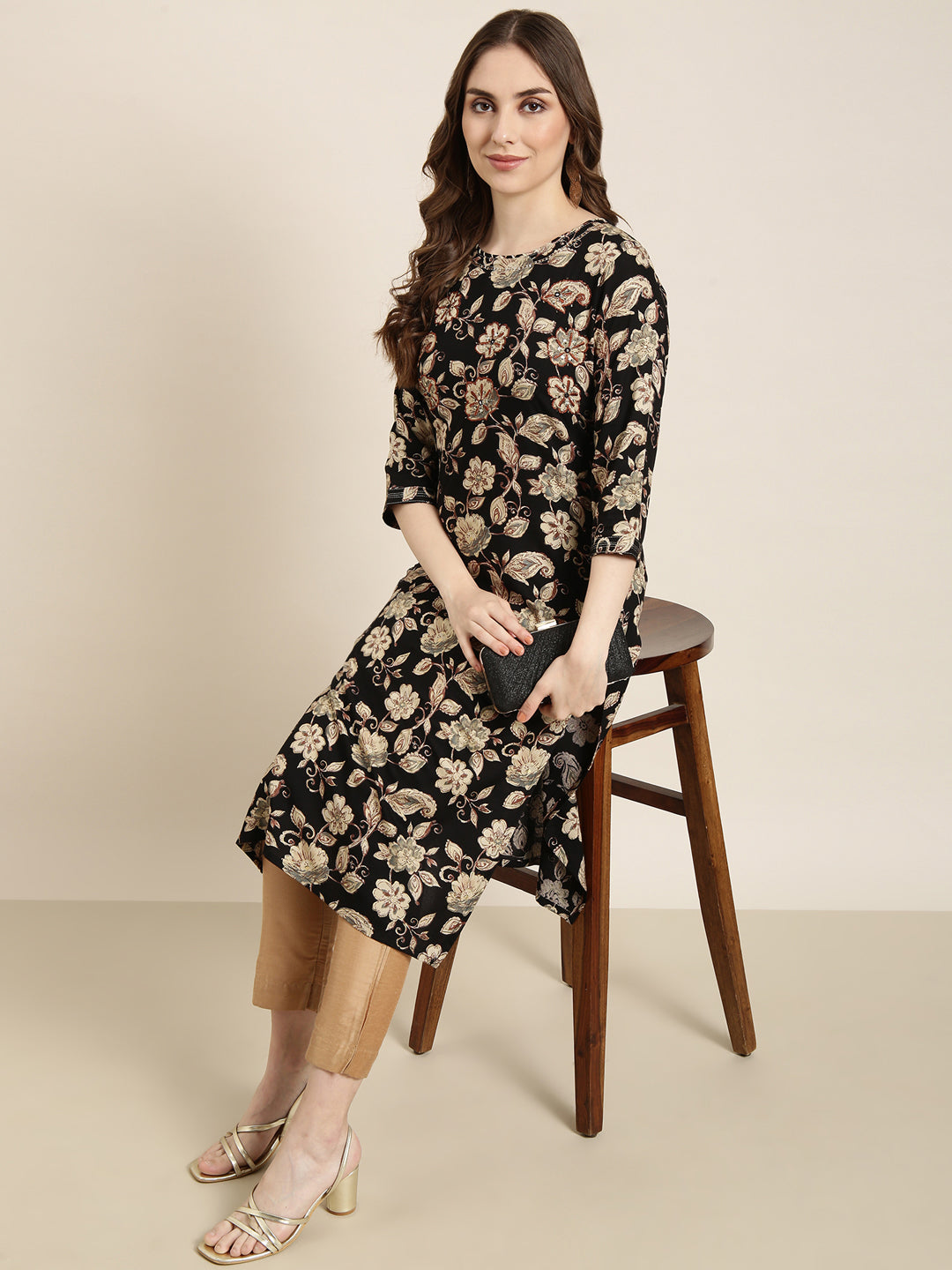 Women's Straight Black Floral Kurta