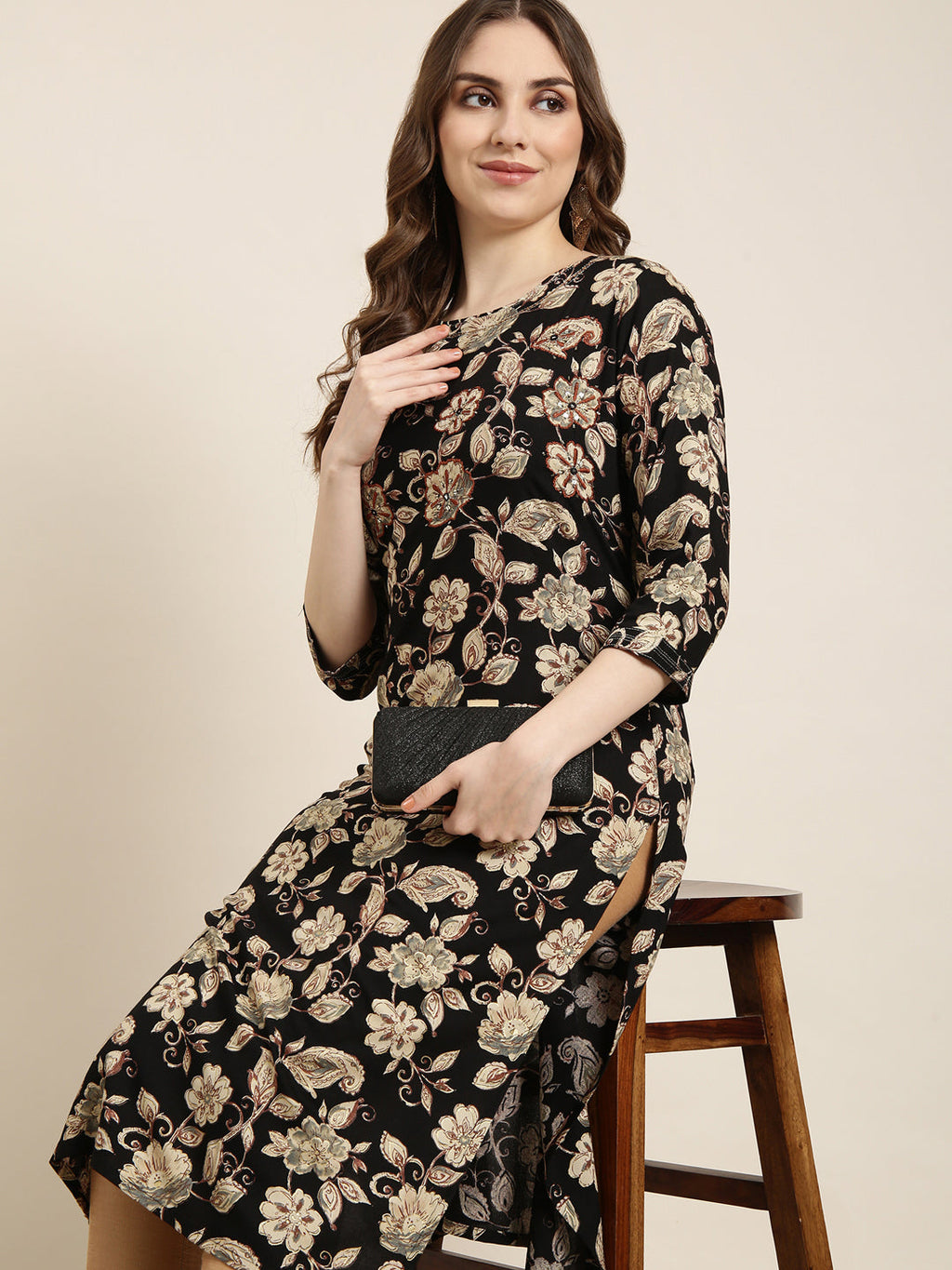 Women's Straight Black Floral Kurta