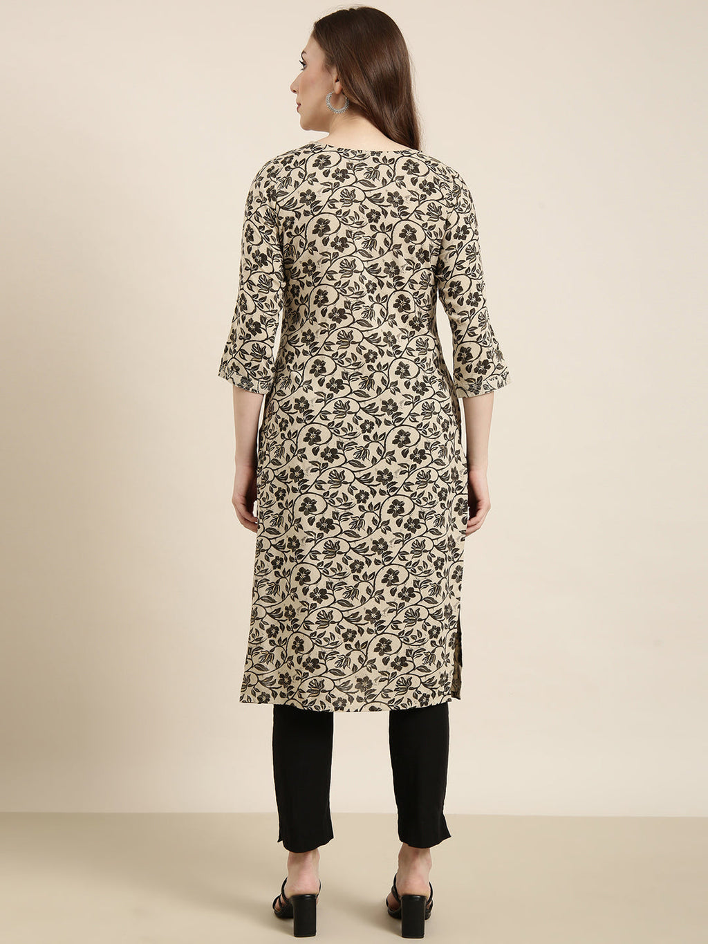 Women's Straight Beige Floral Kurta