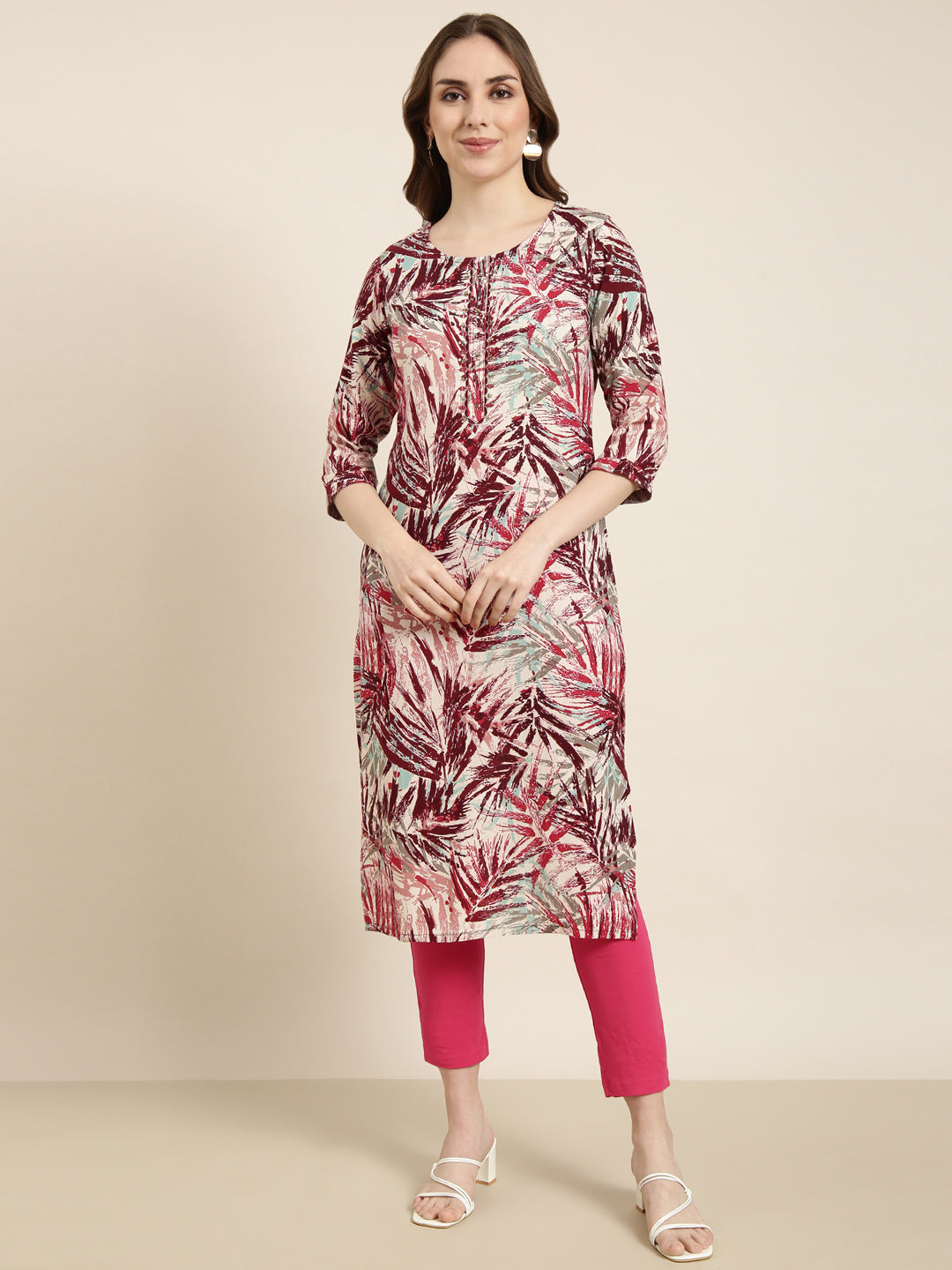 Women's Straight Maroon Abstract Kurta