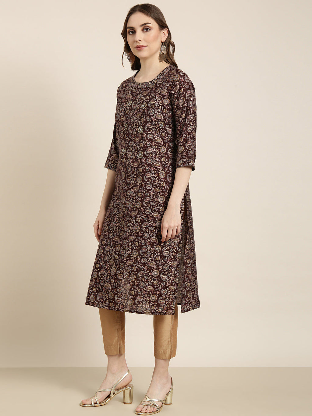 Women's Straight Brown Floral Kurta