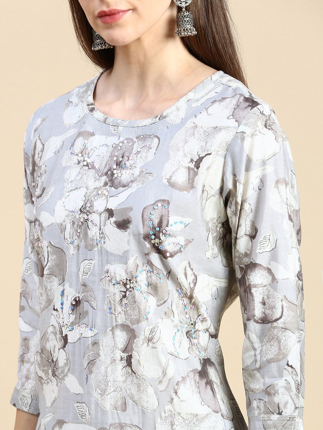 Women's Floral Sequins Grey Straight Kurta