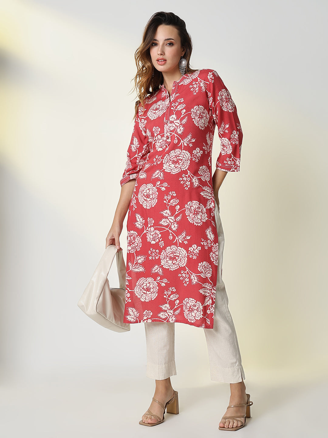 Women's Red Floral Straight Kurta