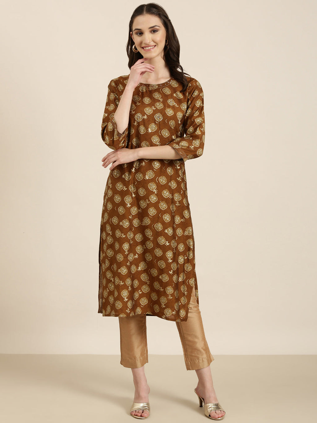 Women's Brown Ethnic Motifs Printed Sequinned Kurta