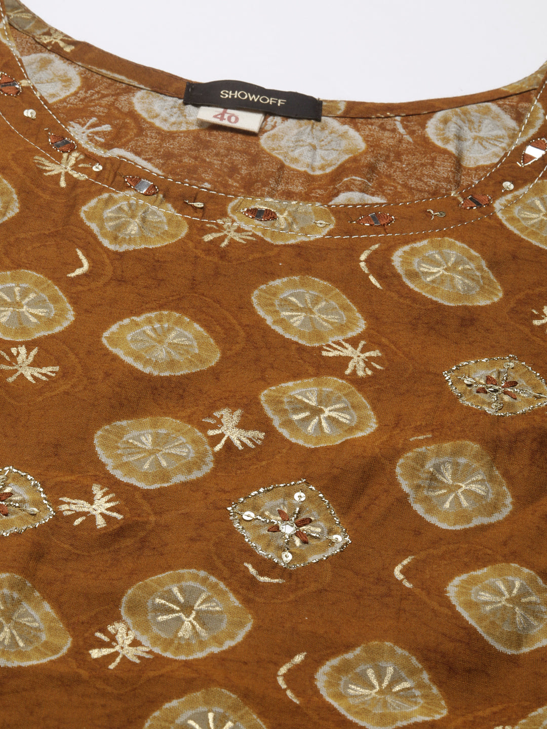 Women's Brown Ethnic Motifs Printed Sequinned Kurta