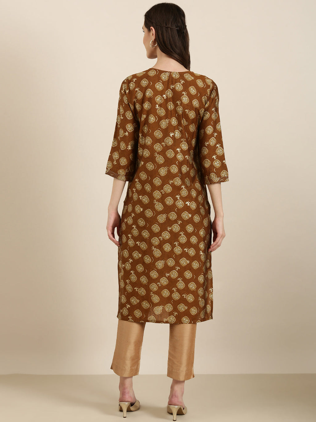 Women's Brown Ethnic Motifs Printed Sequinned Kurta