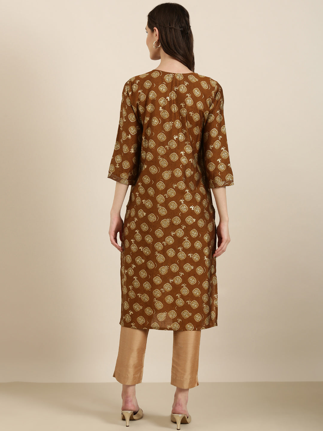 Women's Brown Ethnic Motifs Printed Sequinned Kurta