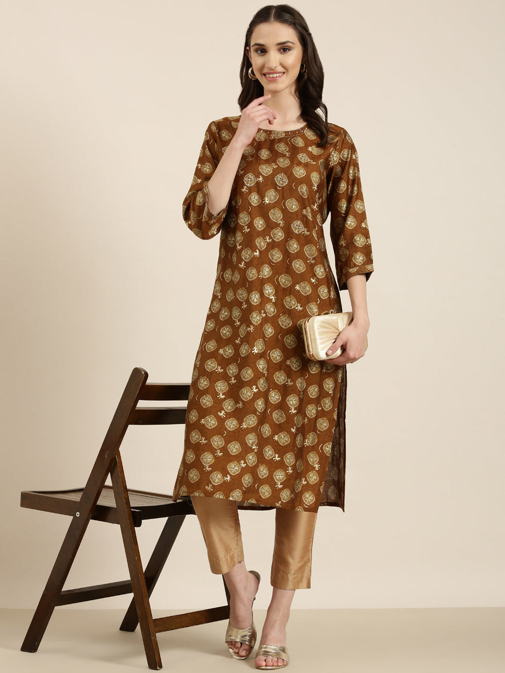 Women's Brown Ethnic Motifs Printed Sequinned Kurta