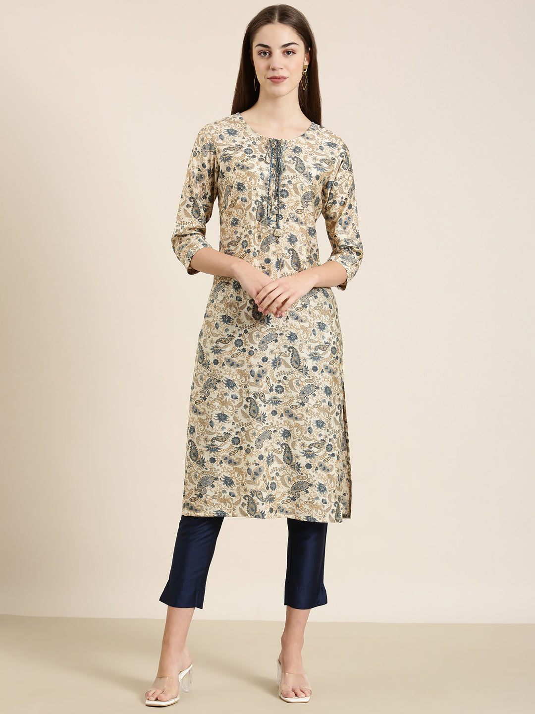 Women's Cream Ethnic Motif Printed key Hole Neck Straight Kurta