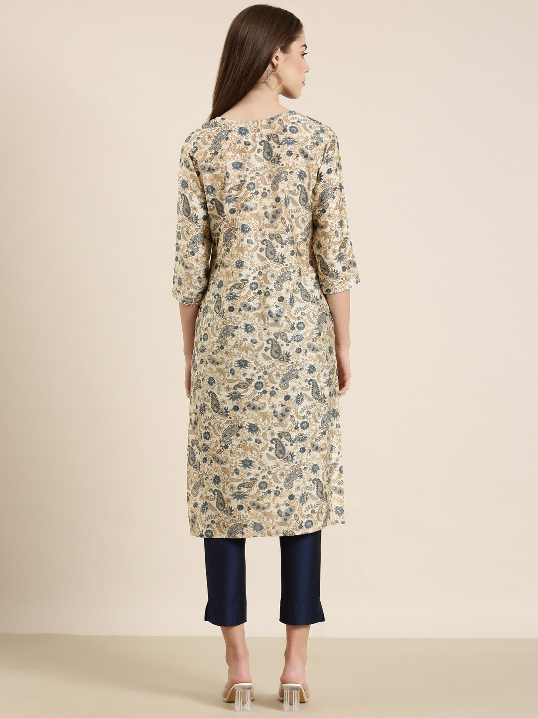 Women's Cream Ethnic Motif Printed key Hole Neck Straight Kurta