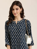 Women's Teal Ethnic Motifs Printed Straight Kurta