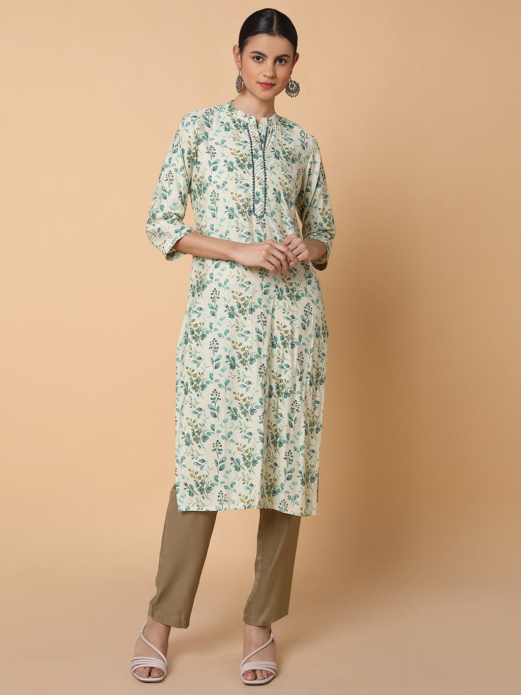 Women's Straight Sequins Cream Floral Kurta