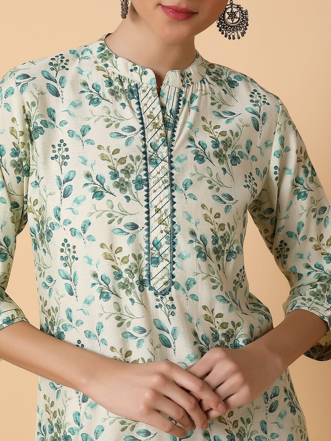 Women's Straight Sequins Cream Floral Kurta