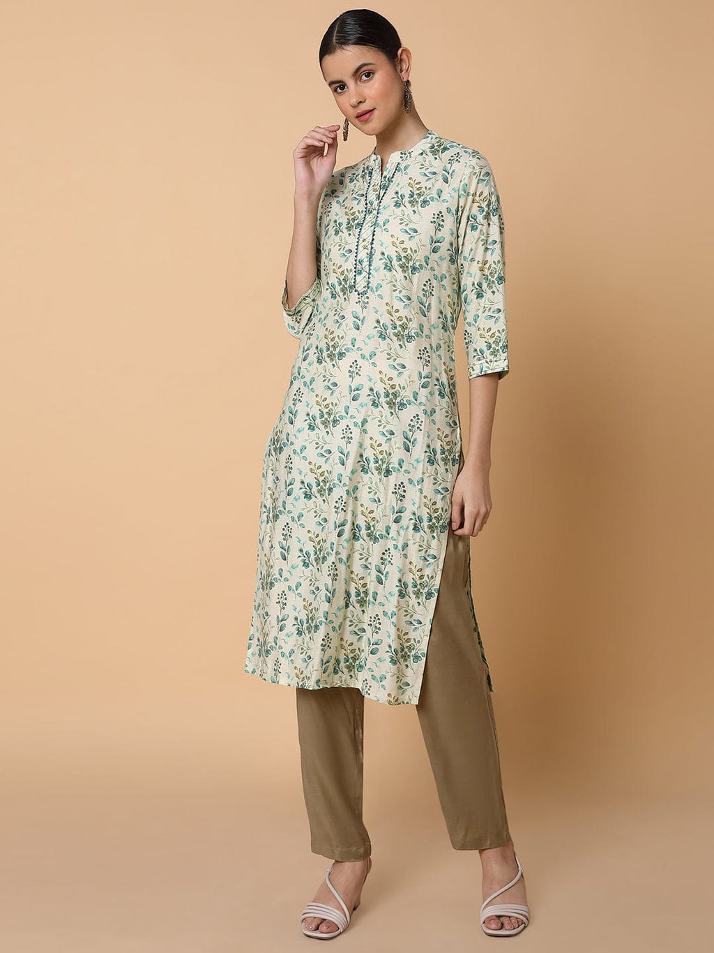 Women's Straight Sequins Cream Floral Kurta