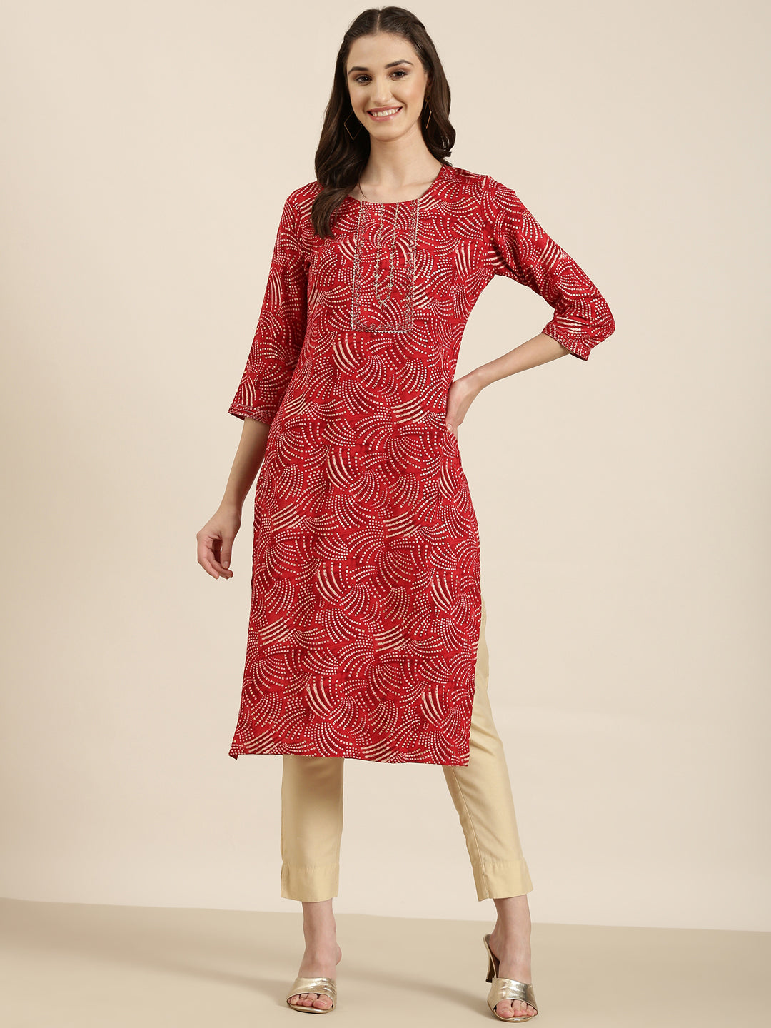 Women's Red Bandhani Printed Gotta Patti Straight Kurta