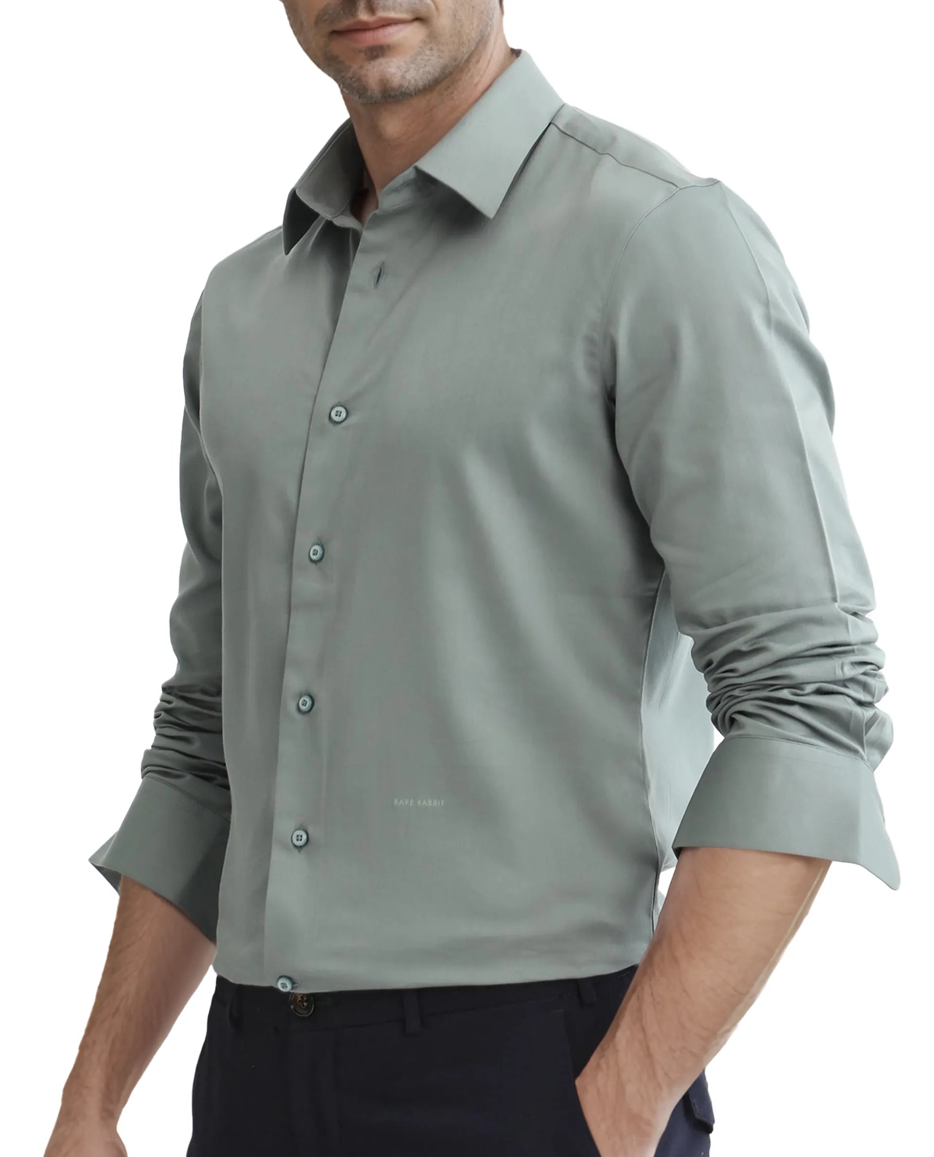 Rare Rabbit Men's Holla-25 Dusky Green Cotton Blend Plain Regular Fit Full Sleeve Collared Shirt