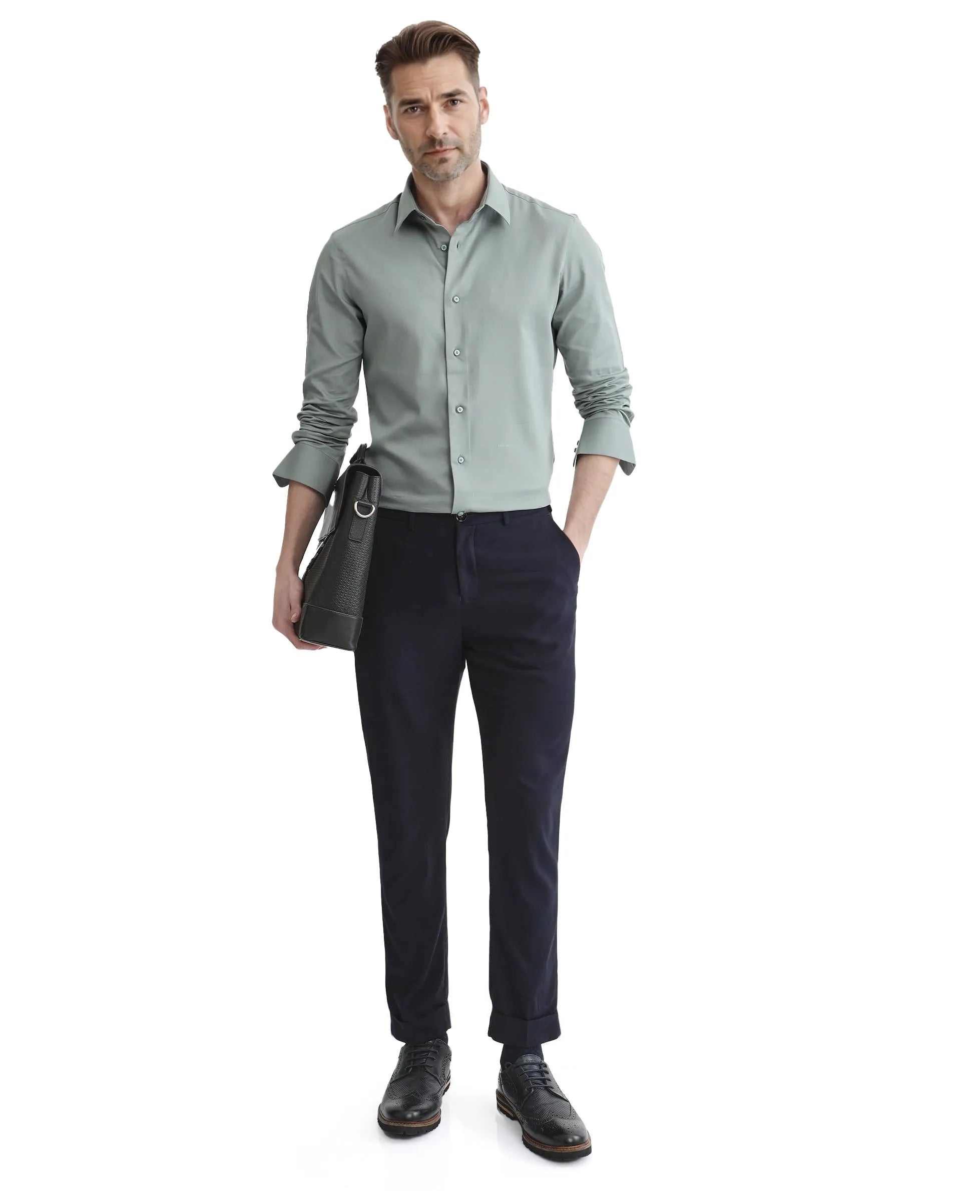 Rare Rabbit Men's Holla-25 Dusky Green Cotton Blend Plain Regular Fit Full Sleeve Collared Shirt