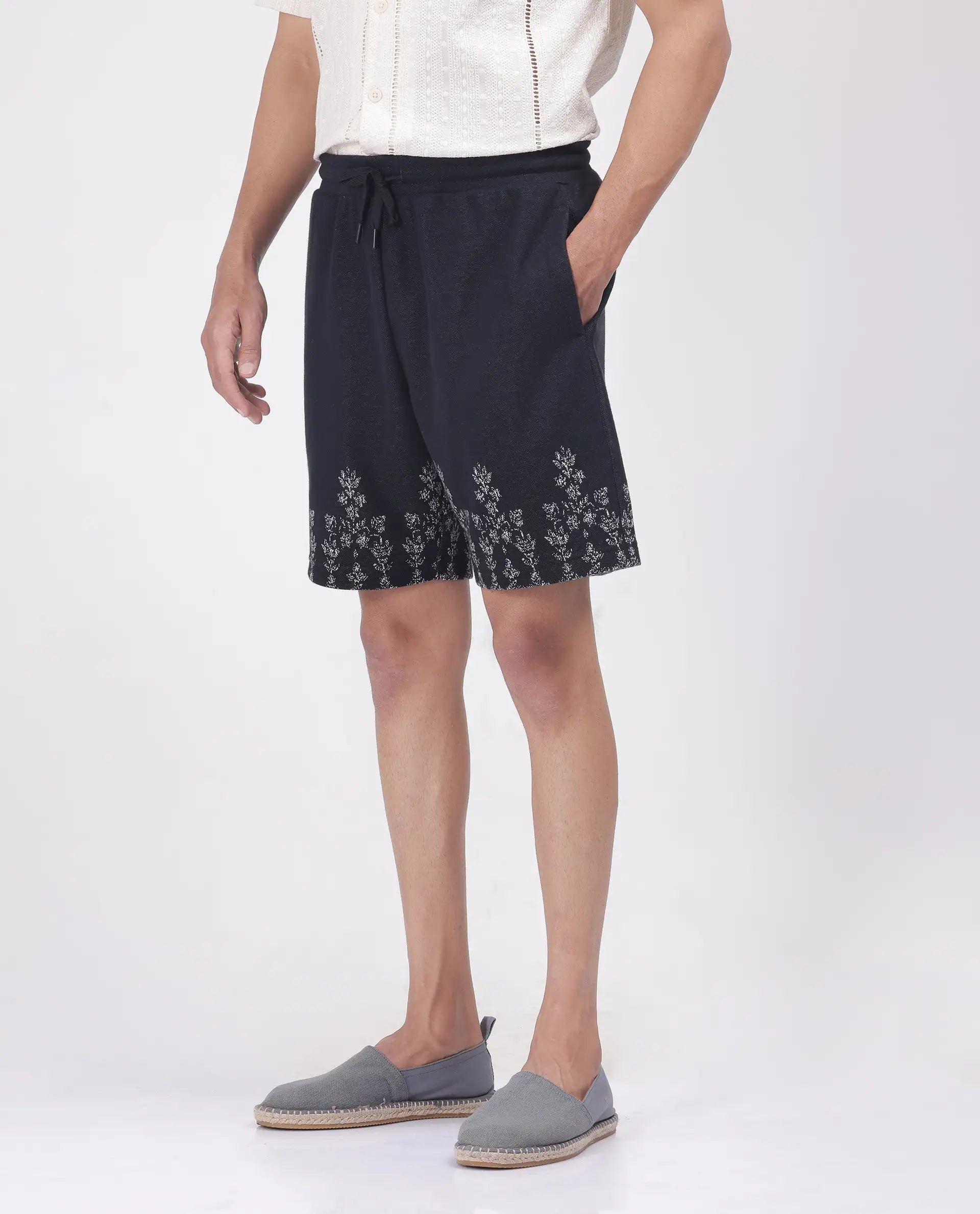 Rare Rabbit Men's Horob Black Cotton Blend Jacquard Regular Fit Shorts