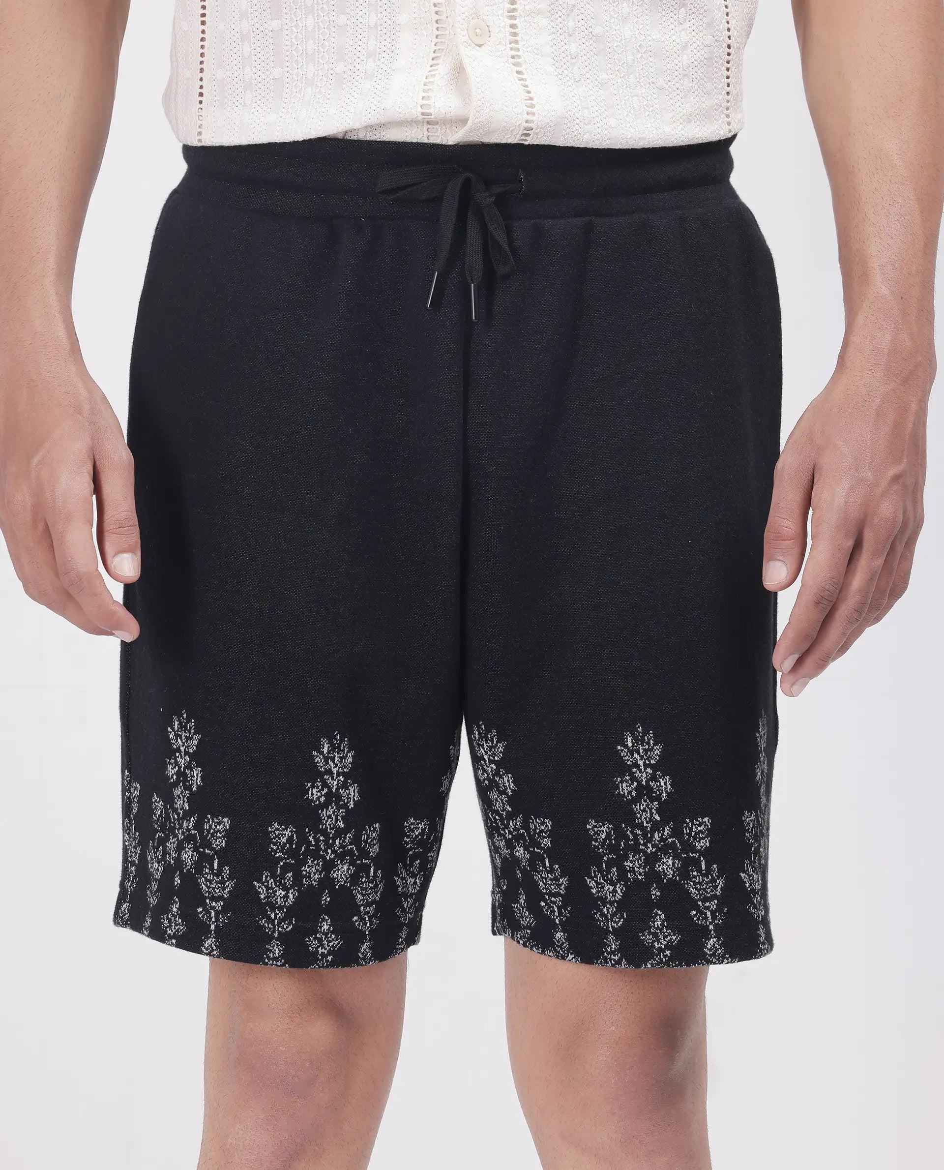 Rare Rabbit Men's Horob Black Cotton Blend Jacquard Regular Fit Shorts