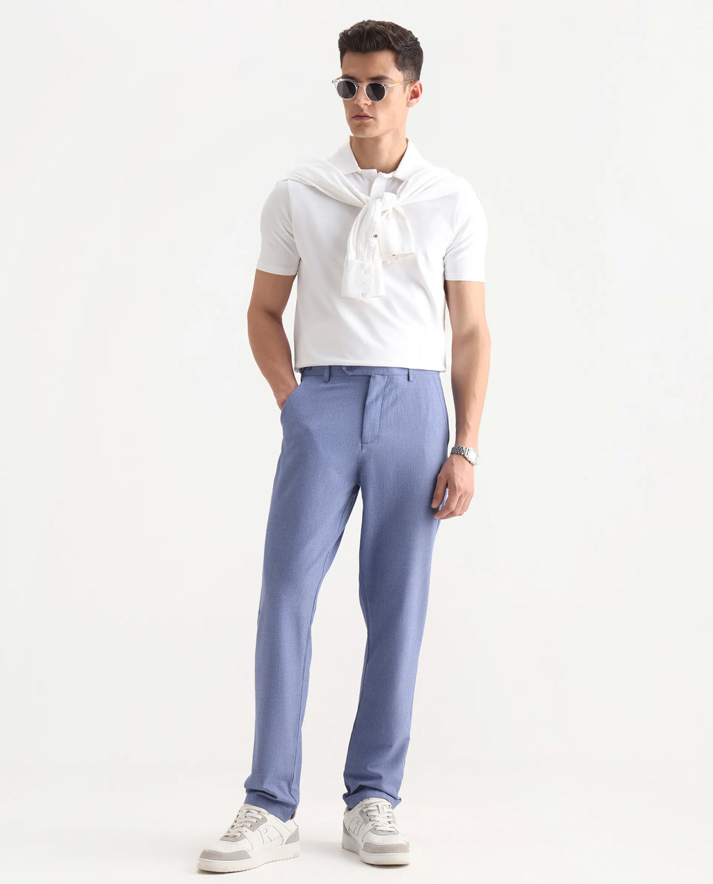 Rare Rabbit Men's Horon Blue Cotton Blend Plain Baggy Fit Trouser