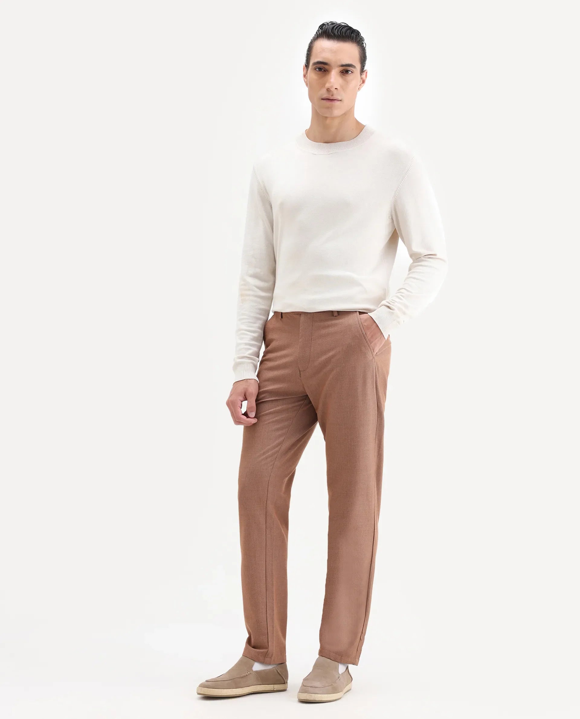 Rare Rabbit Men's Horon Rust Cotton Blend Plain Baggy Fit Trouser