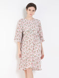 Women's White Round Neck Accordion Pleats Floral Printed Chiffon A-Line Dress With Belt