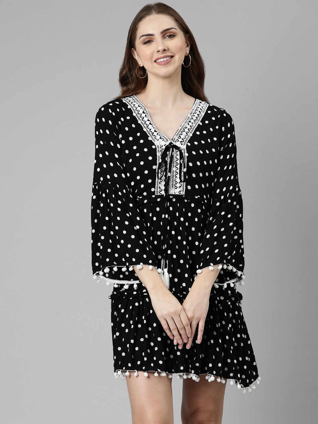 Women's Black Cotton Polka Dots Printed A-Line Dress